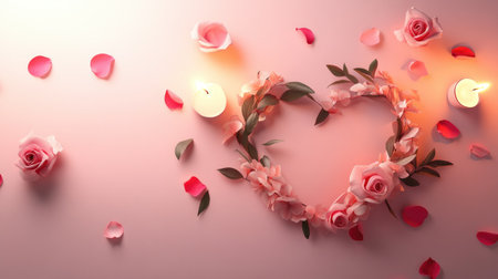 A captivating floral heart arrangement crafted from delicate roses, surrounded by soft pink petals and glowing candles, creating a romantic ambiance perfect for love celebrations.の素材