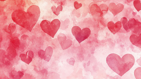 This romantic watercolor background features soft red hearts on a gentle pink backdrop, perfect for Valentine's Day or any love-themed project.の素材