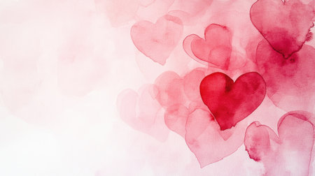 This beautiful watercolor artwork features soft red hearts scattered on a light background, ideal for romantic themes, celebrations, and artistic designs.の素材