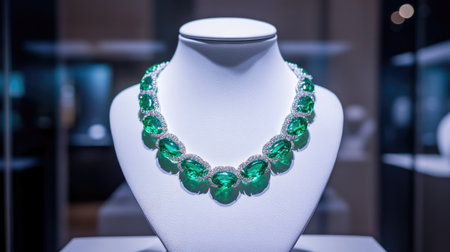 This stunning green gem necklace showcases exquisite craftsmanship and elegance, perfect for any jewelry enthusiast or fashion lover in a modern exhibit.の素材