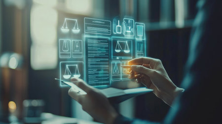 A professional individual interacts with a digital law interface, featuring glowing scales of justice. This modern workspace symbolizes innovation in legal technology and data analysis.の素材