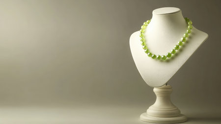 An elegant green beaded necklace displayed on a jewelry bust creates a sophisticated visual. This artistic piece highlights fashion and beauty in a unique setting.の素材