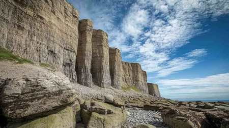Stunning view of majestic coastal cliffs rising against a bright blue sky with wispy clouds. The rocky shoreline creates a serene and picturesque landscape, perfect for nature lovers.の素材