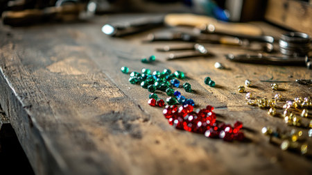 A closeup view of colorful gems scattered on a rustic wooden table, surrounded by crafting tools, showcasing creativity and artistic inspiration in a workshop setting.の素材