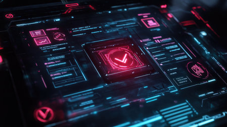 Explore a vivid and futuristic digital interface featuring neon elements and dynamic data visualization. Perfect for technology-themed projects and innovations.の素材