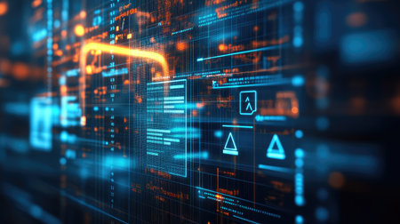 Explore a vibrant abstract digital background showcasing glowing lines and geometric shapes. Ideal for technology themes, data representation, and modern design.の素材