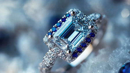 Discover the beauty of this elegant blue emerald cut ring adorned with dazzling diamonds and sapphires, perfect for special occasions and timeless elegance.の素材