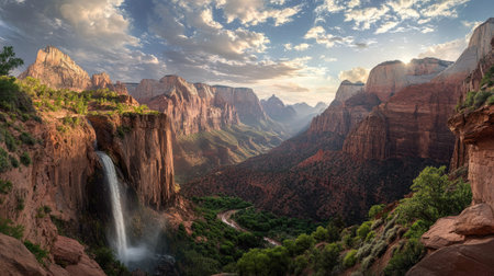 Stunning view of a waterfall flowing down a rocky cliff in Zion National Park under a dramatic sky, showcasing the beauty of nature's landscapes.の素材