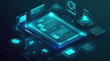 This futuristic smartphone interface showcases holographic data and icons, emphasizing modern technology and digital interaction in a vibrant design.の素材