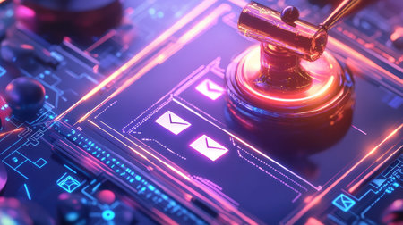 A vivid depiction of a futuristic control panel featuring a joystick and illuminated buttons. The neon lights create an engaging atmosphere for technology enthusiasts.の素材