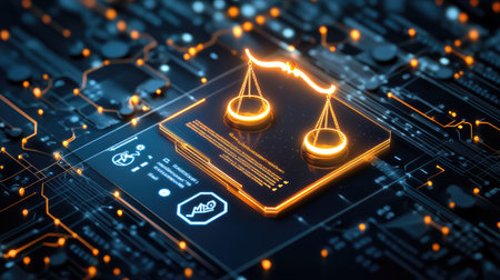 A digital concept illustrating justice with scales placed on a circuit board background. The image symbolizes the intersection of law and technology, representing innovation in the legal field.の素材