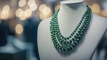A stunning green beaded necklace elegantly displayed on a mannequin, capturing the essence of fashion and luxury in a beautifully lit environment.の素材
