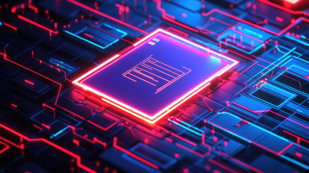 Explore a vibrant digital circuit board featuring neon blue and pink lights, showcasing intricate patterns and energy flow in a futuristic design.の素材