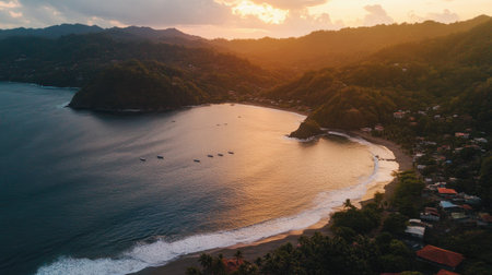Experience a breathtaking sunset over a tranquil bay, framed by lush green mountains and soft waves lapping the shore, inviting relaxation and beauty.の素材