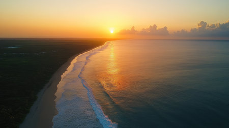 A breathtaking view of a tranquil sunset over an expansive ocean, capturing the beauty of the shoreline and gentle waves. Ideal for relaxation and nature themes.の素材