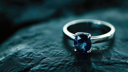 A stunning sapphire ring elegantly displayed on a dark textured surface, showcasing its brilliance and unique design. Perfect for jewelry advertising.の素材