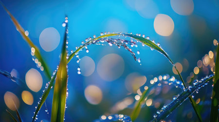 Captivating dew drops resting on lush green grass, enhanced by a dreamy bokeh effect. This image evokes feelings of tranquility and freshness in nature.の素材