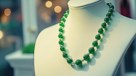 An elegant green beaded necklace expertly displayed on a mannequin bust, showcasing intricate design and vibrant colors, ideal for jewelry lovers.の素材