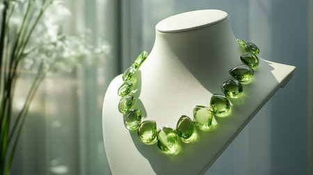 A beautifully crafted green glass necklace elegantly displayed against soft natural light, showcasing its vivid color and intricate design, perfect for fashion lovers.の素材