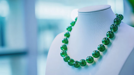 A beautifully crafted green beaded necklace displayed on a white bust, showcasing elegance and craftsmanship. Perfect for fashion enthusiasts and jewelry collections.の素材