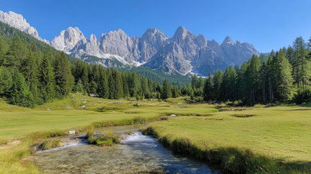 Breathtaking view of a mountain landscape featuring a clear stream meandering through lush greenery, surrounded by majestic peaks and vibrant nature.の素材