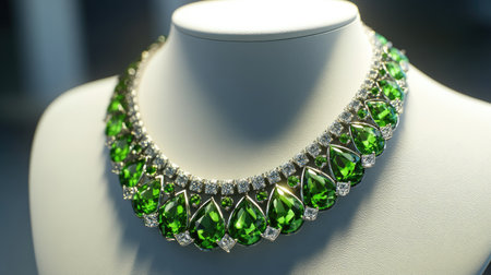 Stunning necklace featuring vibrant green gemstones and sparkling silver accents, perfect for adding elegance to any outfit. A captivating piece of jewelry.の素材