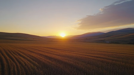 A stunning sunset casts a golden glow over a vast wheat field, framed by rolling hills. The tranquil scene captures the essence of rural beauty and agricultural life.の素材