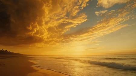 Experience the serene beauty of a golden sunset over a tranquil beach, showcasing vivid colors and dramatic clouds reflecting off the calm ocean waters.の素材