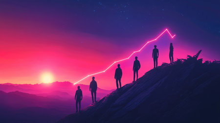 Silhouettes of people stand against a vibrant sunset, with an upward trend line symbolizing growth and optimism. This digital art captures the essence of adventure and inspiration.の素材