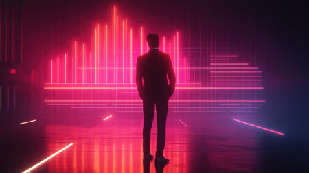 A silhouette of a businessman stands against a vibrant neon graph, symbolizing growth and digital analytics in a modern business environment.の素材