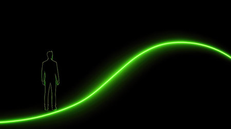 A captivating silhouette of a man standing on a vibrant neon green wave against a deep black background. This image embodies modern elegance and technological aesthetics.の素材