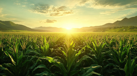 A stunning view of a vibrant cornfield at sunset, showcasing healthy plants against a golden sky. The serene landscape symbolizes abundant agriculture and natural beauty.の素材