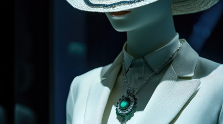 A stunning close-up of a fashion mannequin adorned with an elegant necklace and stylish hat, showcasing luxury and modern design in a boutique setting.の素材