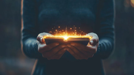 An enchanting image featuring a person holding an open book emitting a warm glowing energy. The scene evokes feelings of magic and inspiration, perfect for creative projects.の素材