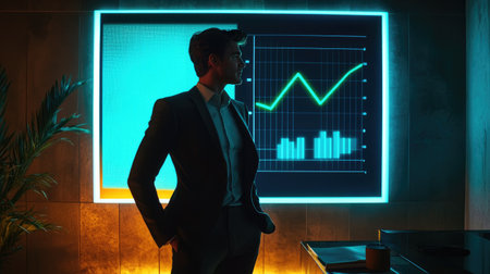 A businessman stands confidently in a modern office, observing a digital growth chart that represents market trends and financial success, showcasing a dynamic workspace.の素材
