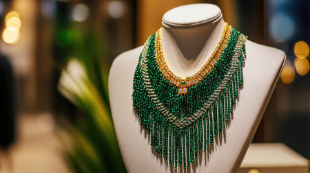 Enhance your collection with this elegant green and gold necklace showcased on a mannequin. The intricate design blends sophistication with style, ideal for any fashion enthusiast.の素材