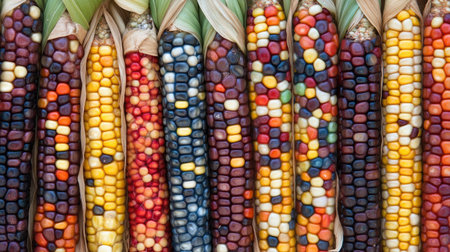 Explore a stunning collection of colorful Indian corn featuring a vibrant mix of hues. Perfect for representing harvest, agriculture, or natural beauty.の素材