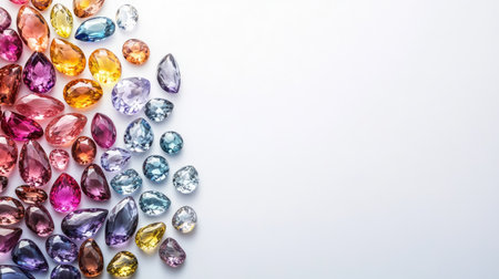A stunning collection of colorful gemstones arranged artfully on a clean white background, showcasing their unique shapes and brilliant colors, ideal for creative designs.の素材