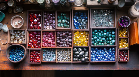 A beautifully organized layout of vibrant untreated gemstones in wooden trays, perfect for showcasing natural beauty and artistic inspirations for craft projects.の素材