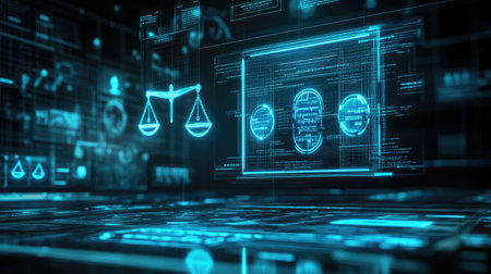 A futuristic representation of a digital legal system featuring scales of justice, illustrating the intersection of technology and law in modern society.の素材