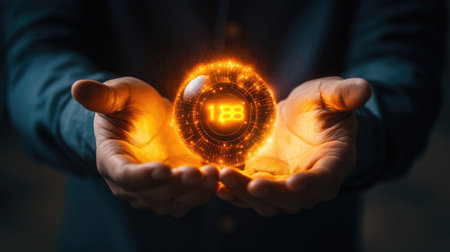 A captivating image of hands cradling a glowing orb, featuring a digital number display. This visual evokes themes of technology, innovation, and the future.の素材