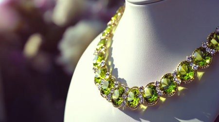 Stunning closeup of an elegant green gemstone necklace featuring sparkling embellishments. A perfect accessory for fashion enthusiasts looking to add luxury.の素材