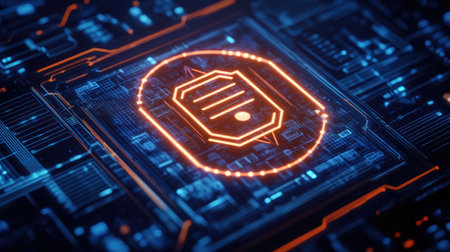 A vibrant and futuristic digital illustration featuring a neon-glowing data storage icon on a circuit board background, symbolizing advanced technology and innovation.の素材