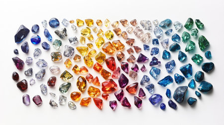 A striking flat lay of various precious stones and gems arranged by color. This vibrant composition showcases the beauty and diversity of nature's treasures, reflecting light and aesthetic appeal.の素材