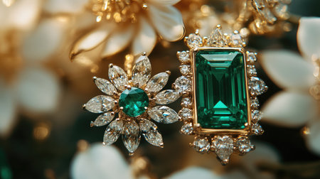 Exquisite emerald and diamond jewelry set against a floral background, showcasing intricate design and luxurious appeal, perfect for fashion and elegance enthusiasts.の素材