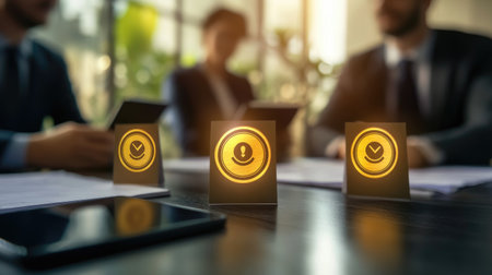 A modern business meeting showcasing digital feedback icons on a conference table. Professionals engage in discussion, emphasizing technology and communication in corporate settings.の素材