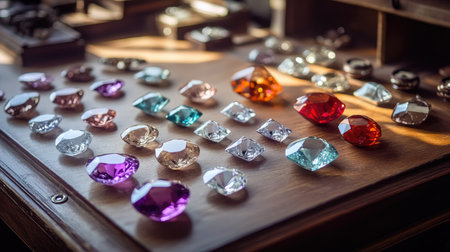 A vibrant collection of colorful gemstones creates a striking display on a wooden surface, illuminated by natural light, showcasing their unique beauty and shine.の素材