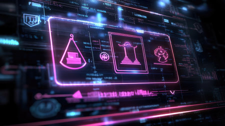 Visual representation of law and justice in a digital age, highlighting concepts like balance and fairness integrated with technology and data visualization.の素材