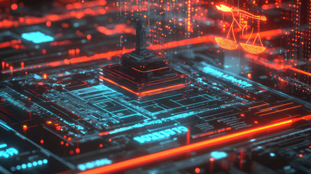 A captivating futuristic cityscape featuring a law and justice theme, showcasing glowing scales of justice amidst a vibrant digital network and intricate patterns.の素材