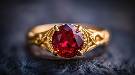 This stunning gold ring features an oval red gemstone, showcasing intricate design details. Perfect for special occasions, it radiates elegance and charm.の素材
